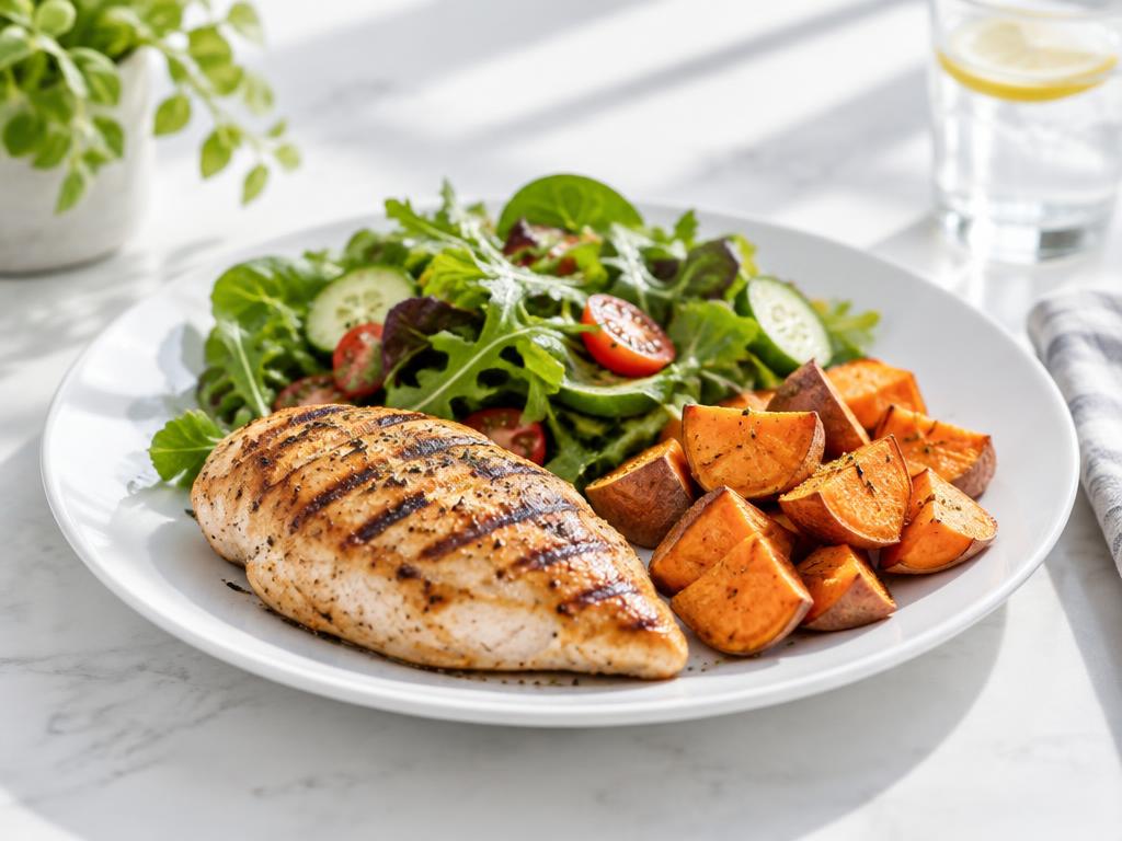 Grilled chicken, salad, and sweet potato on a white plate