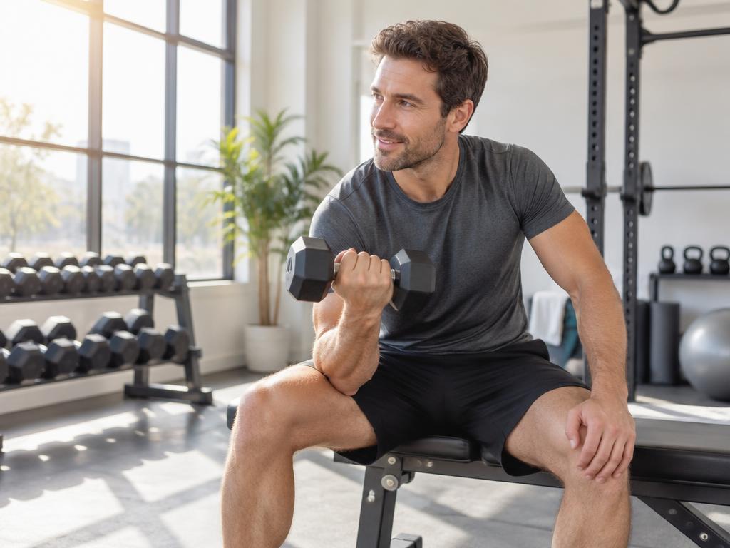 Man lifting a dumbbell in a bright gym
